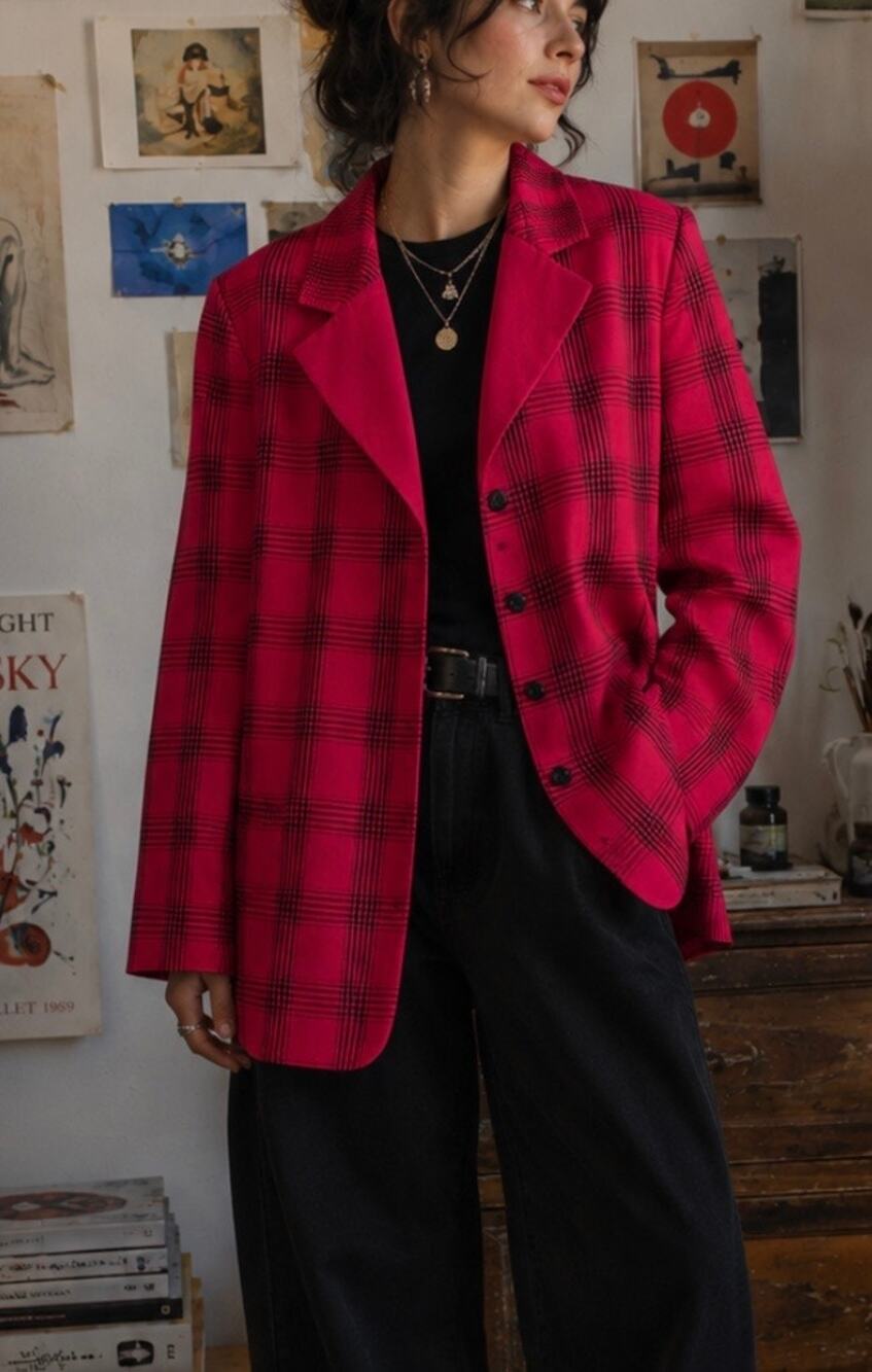 Vintage Pablo pink plaid blazer jacket coquette artsy 80s 90s made in USA M